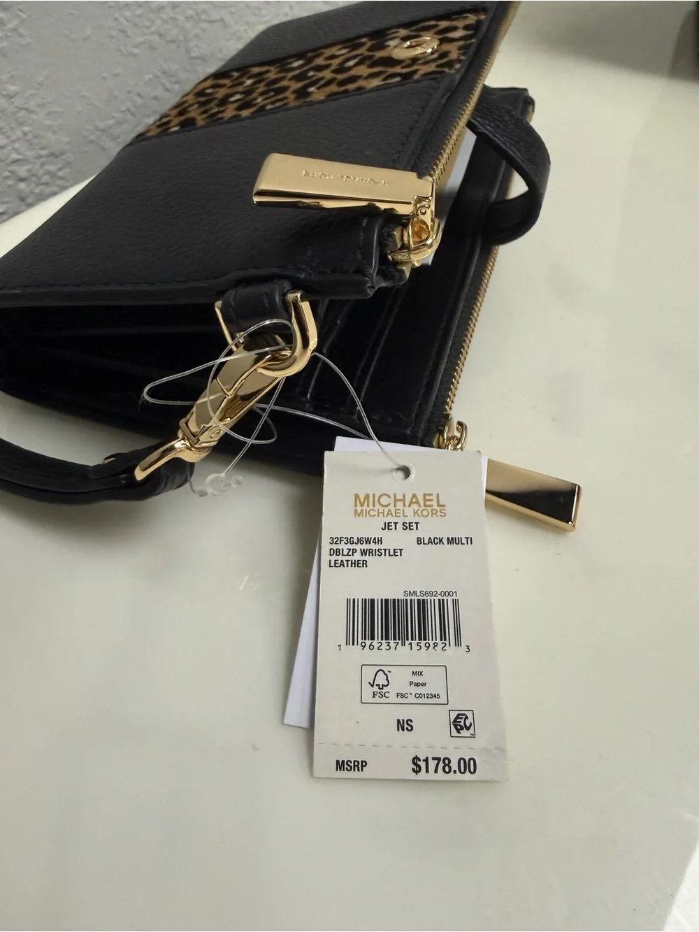Michael Kors JET SET Black & Leopard-Accent Wristlet
